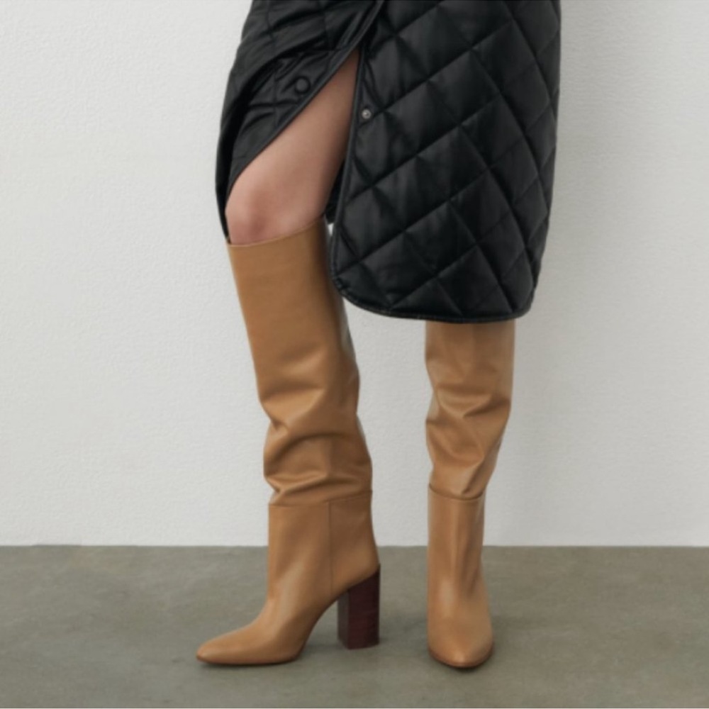 NEW ZARA Leather Knee High Heeled Camel Boots 38 Size 7.5 - Picture 7 of 10